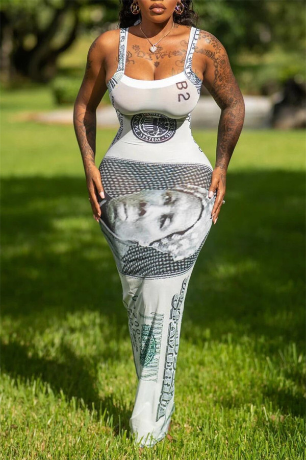 Black Sexy Casual Print Backless Square Collar Sling Dress