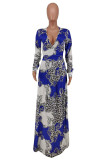 Blue White Elegant Print V Neck Dresses