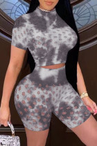 Dark Gray Fashion Sexy Print Tie Dye Hollowed Out See-through Half A Turtleneck Short Sleeve Two Pieces