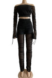 Black Polyester Fashion Sexy adult Ma'am Patchwork Solid Two Piece Suits pencil Long Sleeve Two Pieces