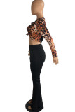 Black Sexy Leopard Patchwork O Neck Long Sleeve Two Pieces