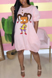 Pink Street Short Sleeves O neck Lantern skirt Knee-Length Print Dresses