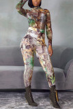 Grey Sexy Print Patchwork Turtleneck Long Sleeve Two Pieces