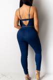 Dark Blue Fashion street Solid Polyester Sleeveless V Neck Jumpsuits