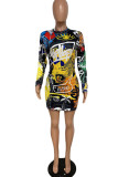 Yellow Work Daily Print Patchwork O Neck Pencil Skirt Dresses