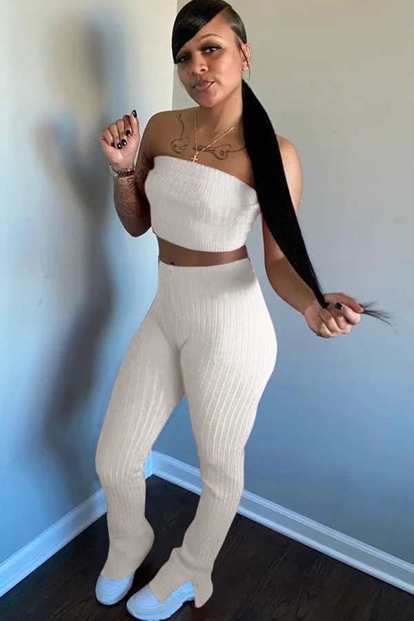 White OL Two Piece Suits Patchwork Solid Boot Cut Sleeveless Two-piece Pants Set