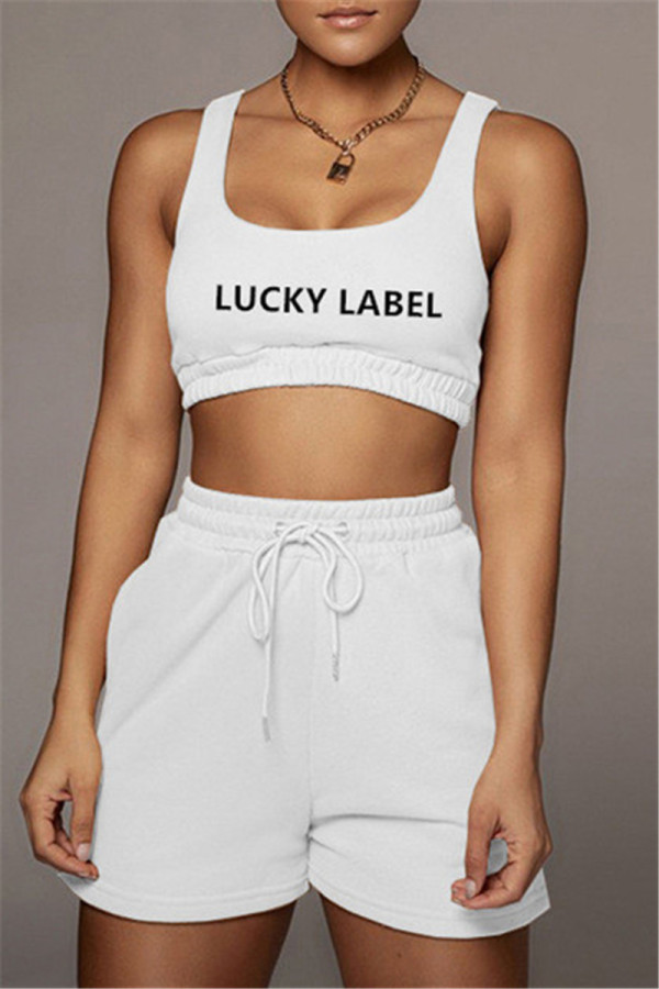 White Casual Sportswear Letter Embroidered U Neck Sleeveless Two Pieces