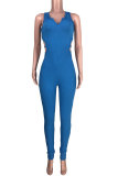 Blue Fashion Sexy Patchwork Backless Hollow Solid Sleeveless V Neck Jumpsuits