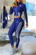 Peacock Blue Casual Print Patchwork Zipper Collar Long Sleeve Two Pieces