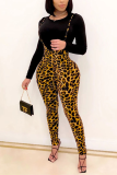 Black Casual Plaid Leopard Split Joint O Neck Long Sleeve Two Pieces