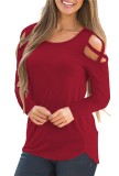 Red Casual Regular O-Neck Full Hollow Out Solid Regular Tees & T-shirts