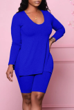Blue Casual Solid Slit V Neck Long Sleeve Two Pieces