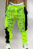 Green Fashion Casual Letter Print Patchwork Regular Mid Waist Trousers