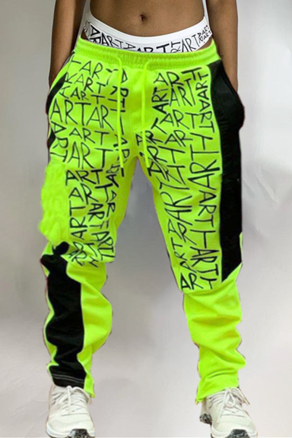 Green Fashion Casual Letter Print Patchwork Regular Mid Waist Trousers
