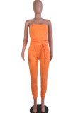 Orange Polyester Fashion adult Ma'am OL Solid Two Piece Suits Straight Sleeveless Two Pieces