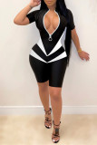 Red Fashion Casual Patchwork Basic Zipper Collar Skinny Romper