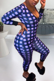 Black Sexy Plaid Patchwork V Neck Skinny Jumpsuits