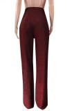 Wine Red Polyester Elastic Fly Long Sleeve High Patchwork Straight Pants