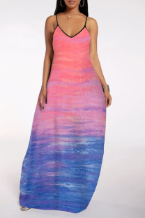 multicolor Polyester Casual Spaghetti Strap Sleeveless V Neck Swagger Floor-Length Tie and dye Dresses
