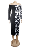 Red Casual Print Patchwork Bateau Neck Wrapped Skirt Dresses