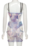 Blue Sexy Print See-through Mesh Halter Sleeveless Two Pieces