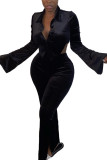 Black Sexy Polyester Flocking Solid Backless Slit Turndown Collar Long Sleeve Regular Sleeve Short Two Pieces