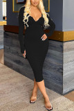 Black Sexy Casual Pit Article Fabrics Patchwork Solid Patchwork Backless Basic V Neck Long Sleeve Knee Length Pencil Skirt Dresses