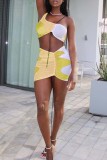 Blue Fashion Sexy Print Patchwork One Shoulder Sleeveless Two Pieces