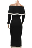 Black Sexy Polyester Pit Article Fabrics Patchwork Solid Split Joint Basic Bateau Neck Long Sleeve Mid Calf Pencil Skirt Dresses