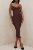 Brown Sexy Solid Split Joint Spaghetti Strap Pencil Skirt Dresses