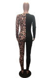 Leopard Print Fashion Casual Leopard Print Patchwork V Neck Skinny Jumpsuits