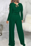 Army Green Fashion Sexy Adult Polyester Solid Draw String O Neck Loose Jumpsuits