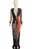 colour Fashion Casual Adult Milk Fiber Print Patchwork V Neck Long Sleeve Floor Length Printed Dress Dresses