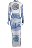 White Casual Print Patchwork See-through O Neck Pencil Skirt Dresses