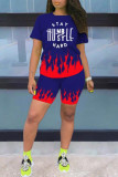 Blue Fashion Casual Letter Print Basic O Neck Short Sleeve Two Pieces