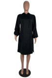 Black Casual Polyester Solid Hooded Collar Long Sleeve Knee Length Cake Skirt Dresses