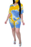 Yellow Fashion Sexy adult Patchwork Print Tie Dye Two Piece Suits Straight Half Sleeve Two Pieces