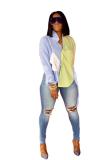 Blue cardigan Long Sleeve Slim fit Patchwork contrast color Striped Blouses & Shirts