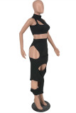 Black Fashion Sexy Solid Hollowed Out Half A Turtleneck Sleeveless Two Pieces