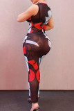 Red Fashion Sexy Print See-through O Neck Sleeveless Dress