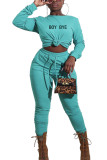 Mint green Fashion Sexy Adult Letter Print Letter O Neck Long Sleeve Regular Sleeve Regular Two Pieces