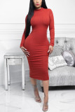 Red Work Daily Solid Patchwork O Neck Pencil Skirt Dresses