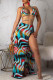 Blue Fashion Sexy Print Backless Strap Design Swimwears