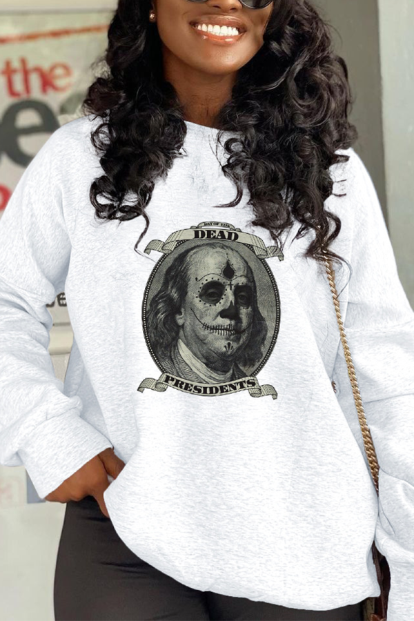 White Casual Print Letter O Neck Tops