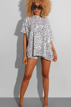 White Polyester Fashion Casual adult Ma'am Leopard Patchwork Print Two Piece Suits pencil Short Sleeve Two Pieces
