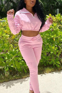 Pink Fashion Casual Adult Polyester Solid Split Joint Turndown Collar Long Sleeve Regular Sleeve Short Two Pieces