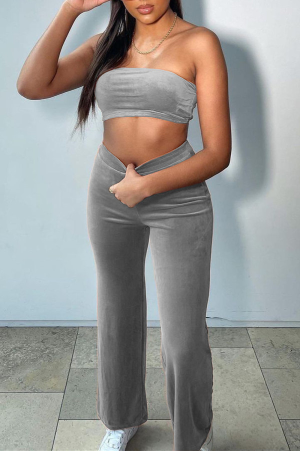 Grey Sexy Casual Solid Backless Strapless Sleeveless Two Pieces