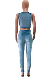 Light Blue Velvet Fashion Casual adult Ma'am Patchwork Solid Two Piece Suits Straight Sleeveless Two Pieces