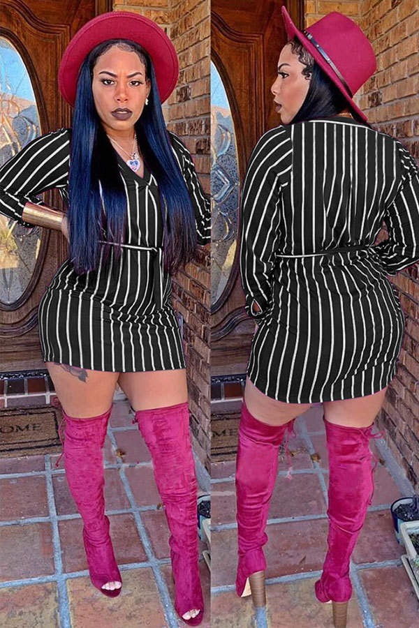 Black Fashion Long Sleeves O neck Hip skirt Mini Striped Long Sleeve Dresses