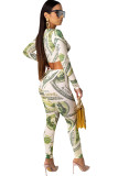Cream white venetian Sexy Two Piece Suits Print pencil Long Sleeve Two-piece Pants Set